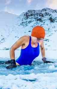 Gilly McArthur recommends wearing a hat and gloves when swimming in ice-cold water.